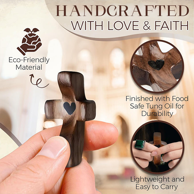 Cross My Heart,Wooden Cross,Encouragement Gift Stress Relief Cross,Prayer Cross for Hand,Pocket Cross Christian Gifts for Women and Fidget Toys for Children and Adults(Black 10Pcs)