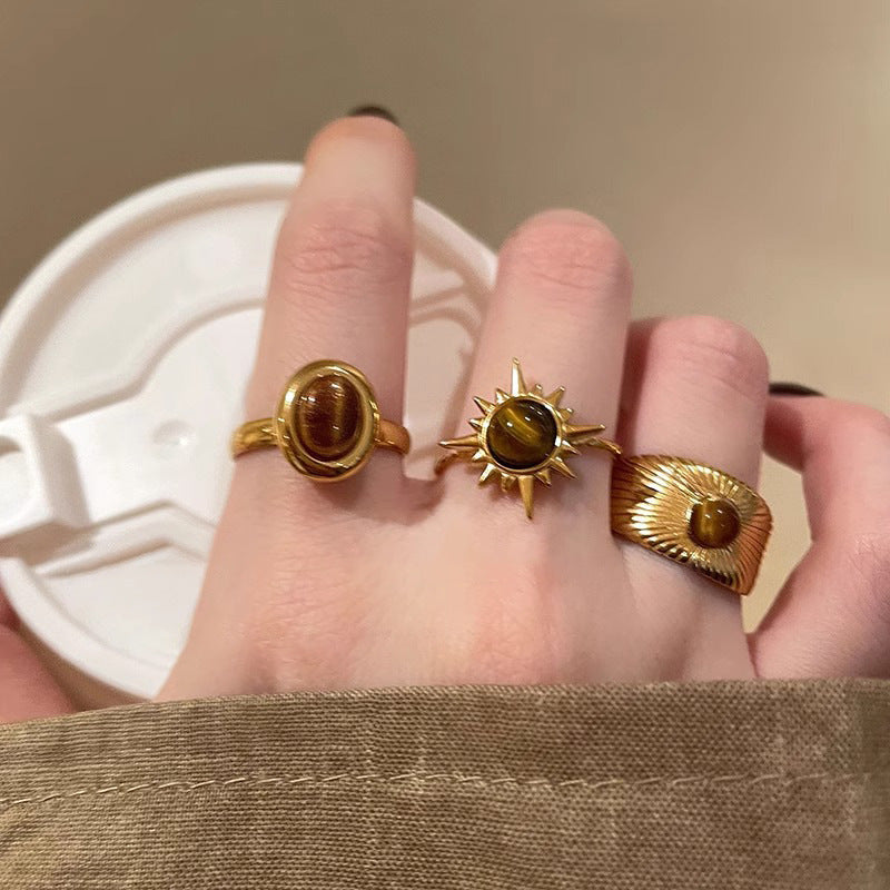 Maurard Retro Golden Sunflower Tiger Eye Stone Ring