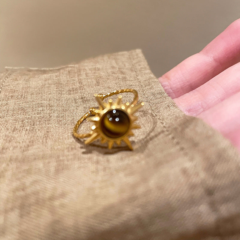 Maurard Retro Golden Sunflower Tiger Eye Stone Ring