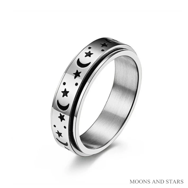 Moons and Stars Stainless Steel Anxiety Spinner Ring for Men Woman Fidget (Silver, Gold, Glitter, Black)