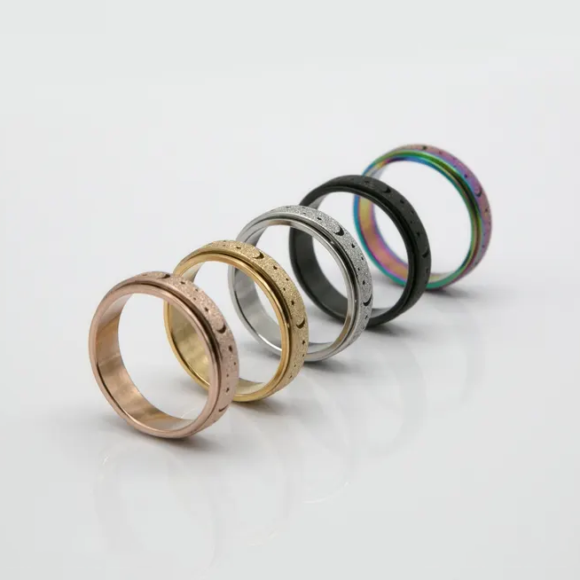 Moons and Stars Stainless Steel Anxiety Spinner Ring for Men Woman Fidget (Silver, Gold, Glitter, Black)