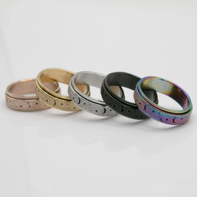Moons and Stars Stainless Steel Anxiety Spinner Ring for Men Woman Fidget (Silver, Gold, Glitter, Black)