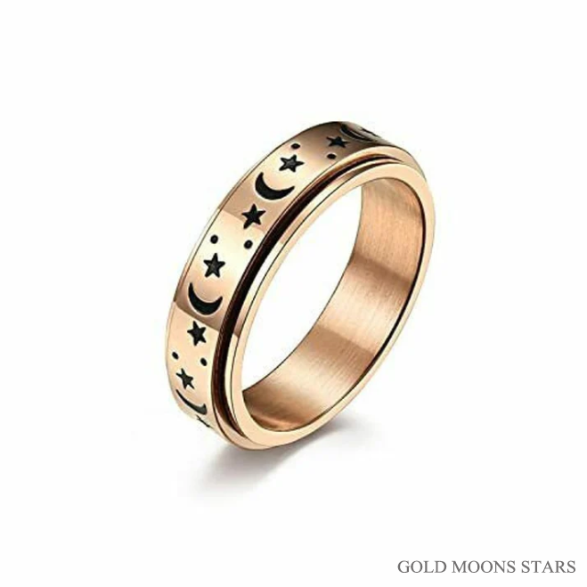 Moons and Stars Stainless Steel Anxiety Spinner Ring for Men Woman Fidget (Silver, Gold, Glitter, Black)
