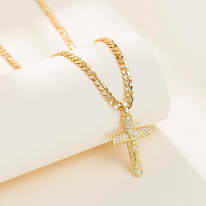 No Fade 14k Gold-Plated Cuban Figaro Chain with Jesus Christ Crucifix