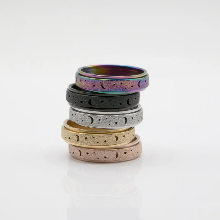 Moons and Stars Stainless Steel Anxiety Spinner Ring for Men Woman Fidget (Silver, Gold, Glitter, Black)