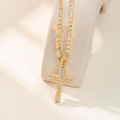 No Fade 14k Gold-Plated Cuban Figaro Chain with Jesus Christ Crucifix