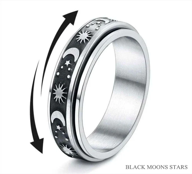 Moons and Stars Stainless Steel Anxiety Spinner Ring for Men Woman Fidget (Silver, Gold, Glitter, Black)