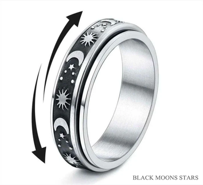 Moons and Stars Stainless Steel Anxiety Spinner Ring for Men Woman Fidget (Silver, Gold, Glitter, Black)