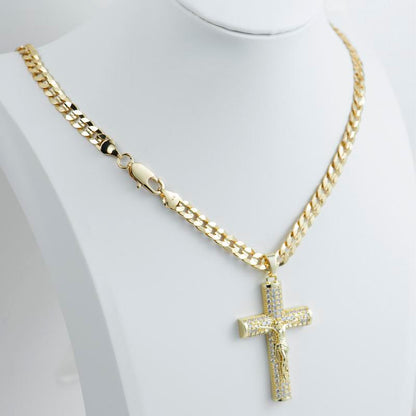 No Fade 14k Gold-Plated Cuban Figaro Chain with Jesus Christ Crucifix