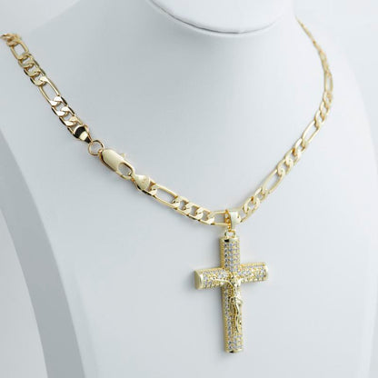 No Fade 14k Gold-Plated Cuban Figaro Chain with Jesus Christ Crucifix