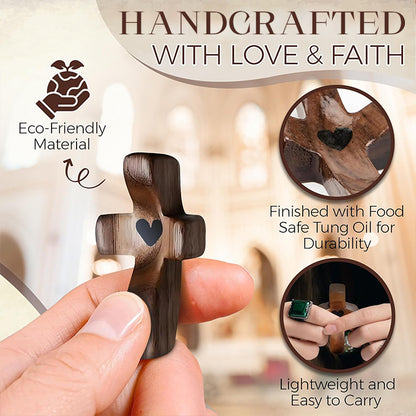Cross My Heart,Wooden Cross,Encouragement Gift Stress Relief Cross,Prayer Cross for Hand,Pocket Cross Christian Gifts for Women and Fidget Toys for Children and Adults(Black 10Pcs)