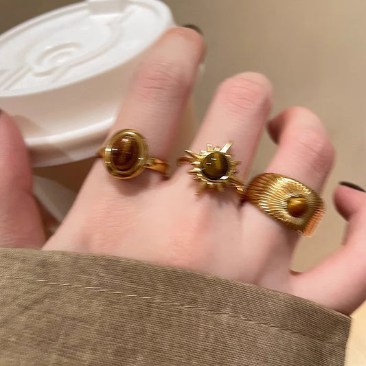 Maurard Retro Golden Sunflower Tiger Eye Stone Ring