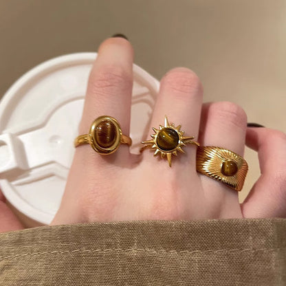 Maurard Retro Golden Sunflower Tiger Eye Stone Ring