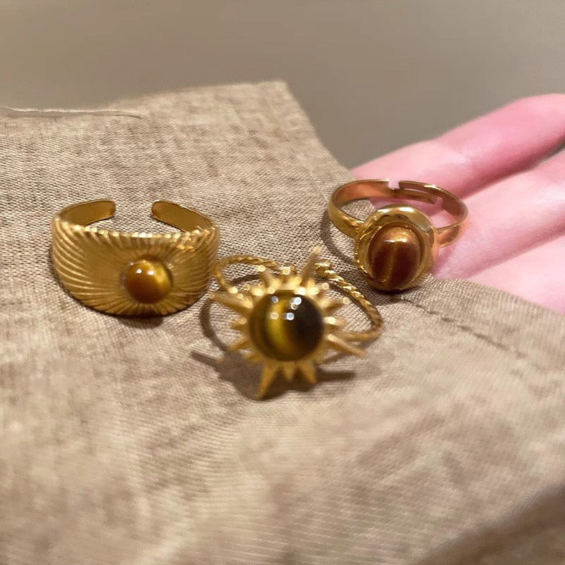Maurard Retro Golden Sunflower Tiger Eye Stone Ring