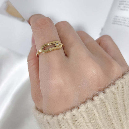 Adjustable Size Fidget Ring, Single Diamond Sliding Ring for Women, 18K Rose Gold Oval Hollow Design, Couple Matching Ring, Finger Ring for Index
