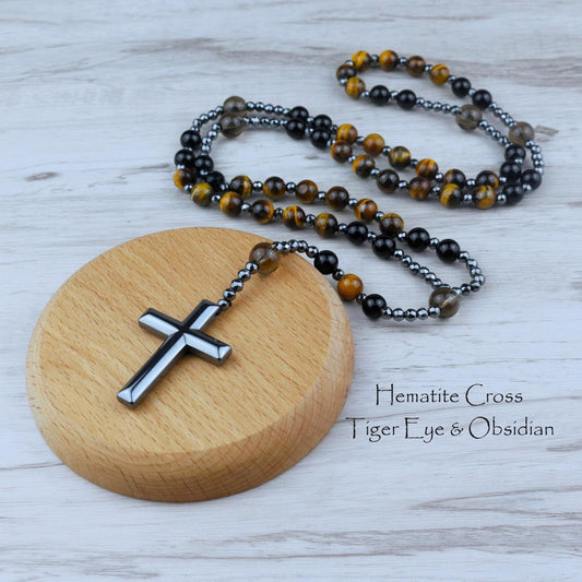 Natural Obsidian Tiger's Eye Rosary Cross Necklace