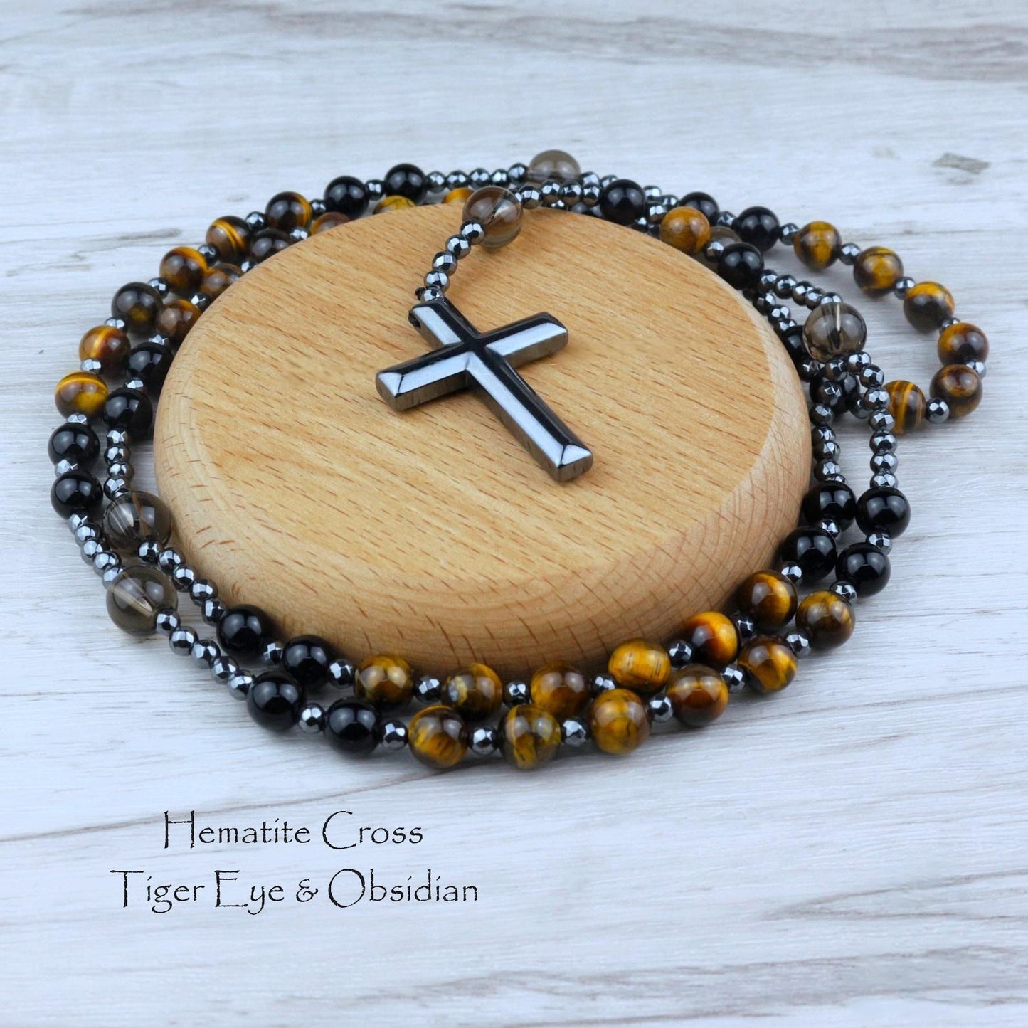 Natural Obsidian Tiger's Eye Rosary Cross Necklace