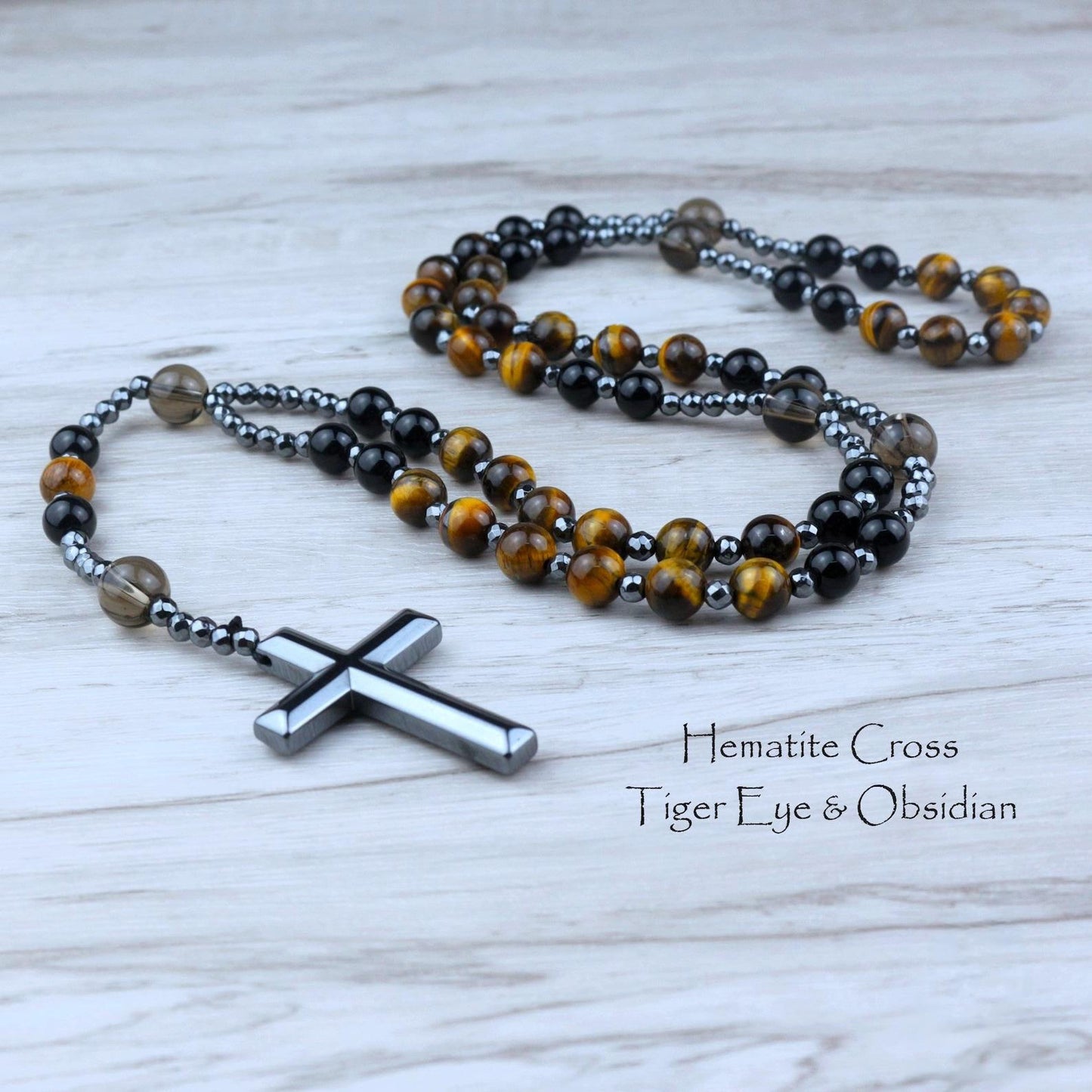 Natural Obsidian Tiger's Eye Rosary Cross Necklace