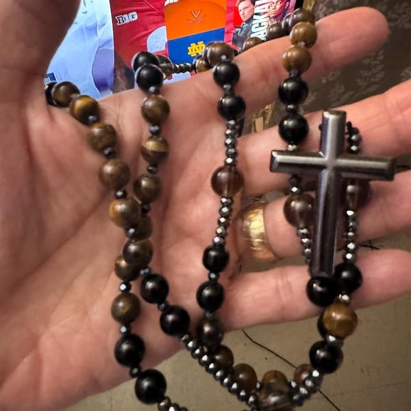 Natural Obsidian Tiger's Eye Rosary Cross Necklace
