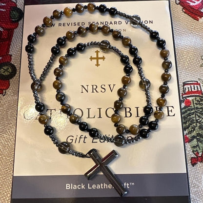 Natural Obsidian Tiger's Eye Rosary Cross Necklace