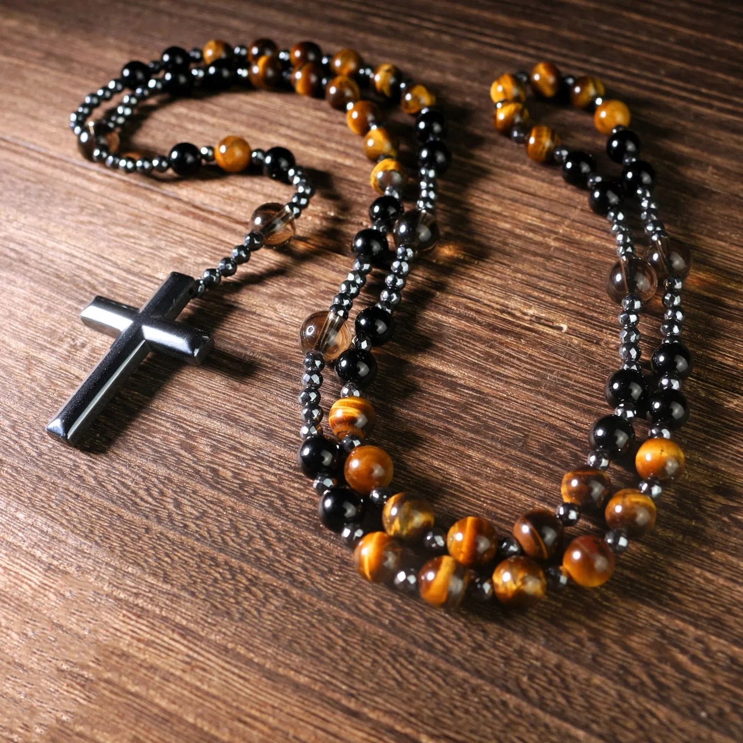 Natural Obsidian Tiger's Eye Rosary Cross Necklace