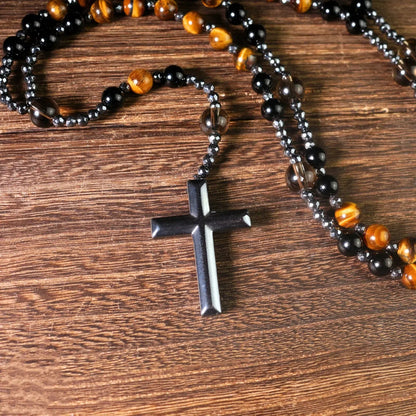 Natural Obsidian Tiger's Eye Rosary Cross Necklace
