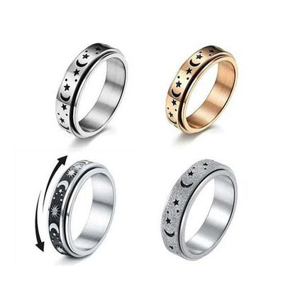 Moons and Stars Stainless Steel Anxiety Spinner Ring for Men Woman Fidget (Silver, Gold, Glitter, Black)
